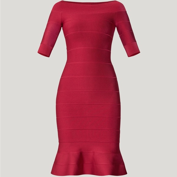BRAND NEW (TAG REMOVED) HERVE LEGER OFF-SHOULDER FLARE DRESS IN CRANBERRY - Picture 4 of 7